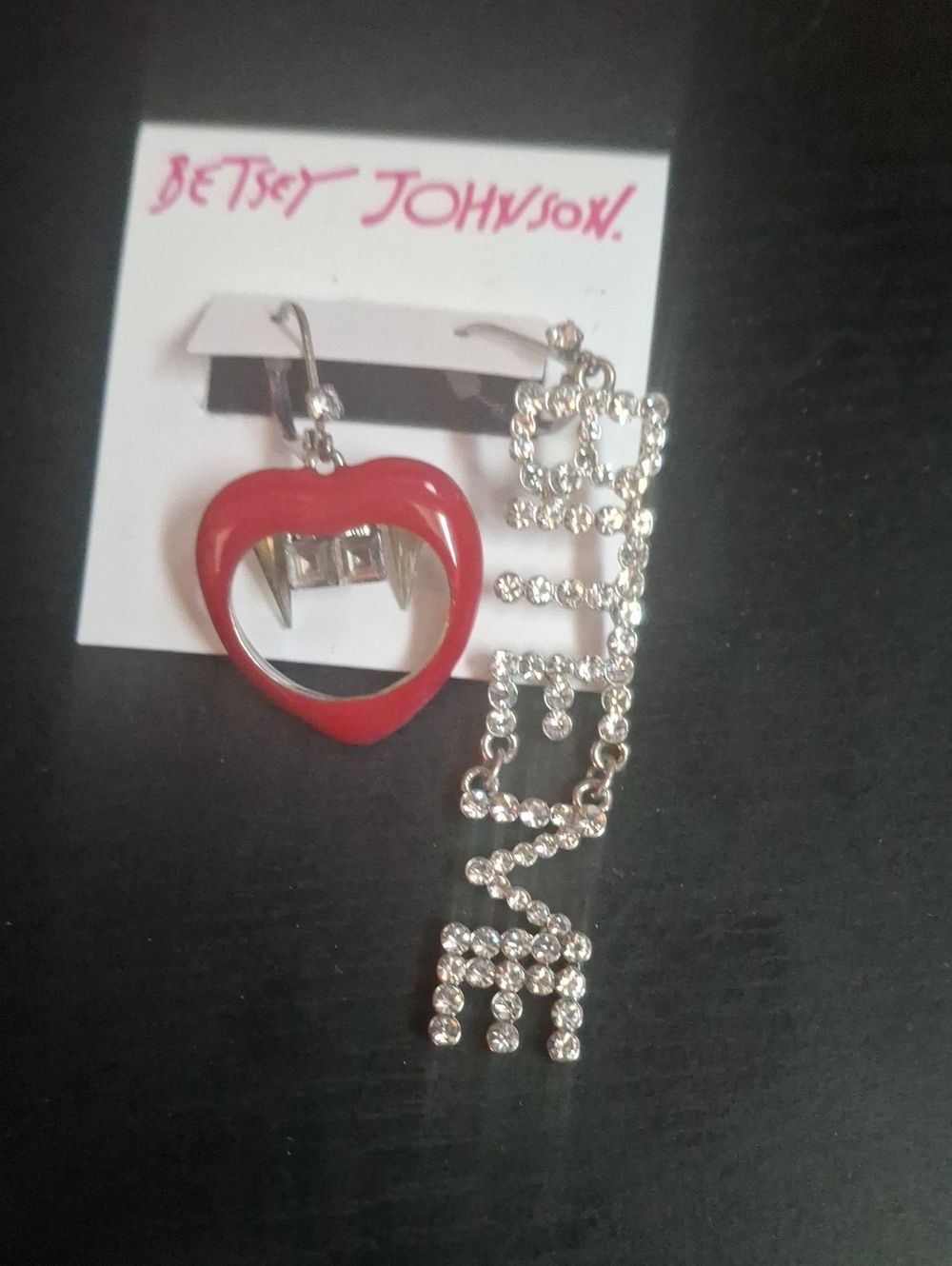 Betsey Johnson Red Heart Mirror with Crystal Letter Dangle Earrings